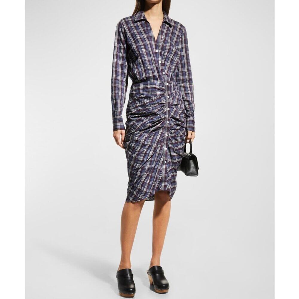 Veronica Beard Navy and White Plaid Ruched Long-Sleeve Shirt Dress
